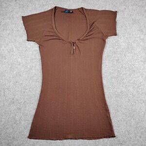 Fox Riders Co Womens Brown Ribbed Henley Short Sleeve Top Y2K Style 53452 L